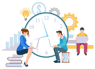 People with laptops vector, workers with computer programing coding man and woman sitting on books and hourglass. Deadline and time management clock