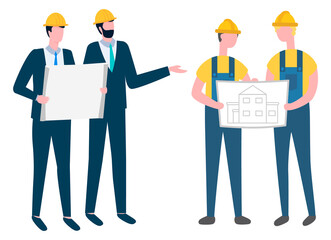 People reading plans and schemes of building vector, isolated team of workers. Businessman wearing formal clothes and workmen with helmets flat style