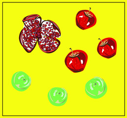 Set of fruits and vegetables. Citrus, oranges, apples, bananas, grapes, kiwi, pomegranates, lemons, broccoli, celery, onions, greens, carrots, tomatoes,cucumbers, cherry tomatoes, garlic. Vegan. 