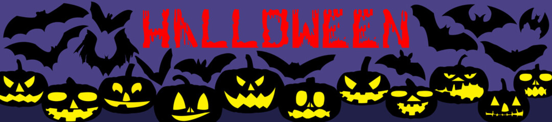 The Halloween inscription is made in blood on a night background with flying mice and pumpkins.