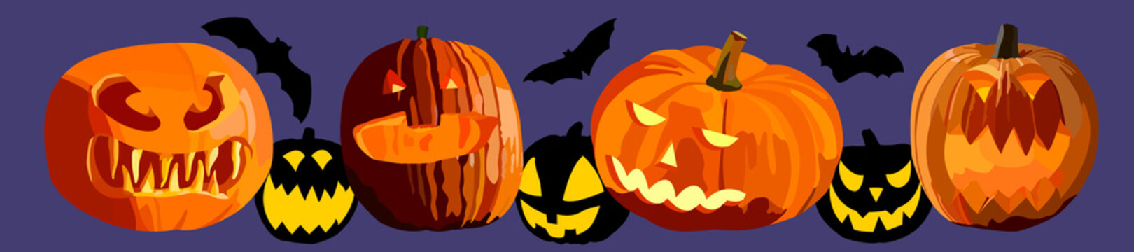 Images for Halloween with three-dimensional pumpkins and their silhouettes and bats .