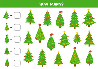 Obraz premium Count all Christmas trees. Educational math game for kids. Counting worksheet for children.