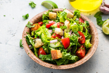 Homemade Salad Served in Edible Plant Based Plate or Bowl. Eco Cooking