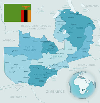 Blue-green detailed map of Zambia administrative divisions with country flag and location on the globe.
