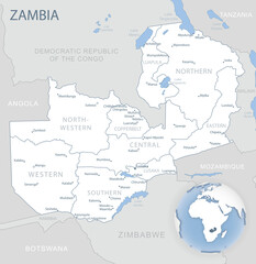 Blue-gray detailed map of Zambia administrative divisions and location on the globe.