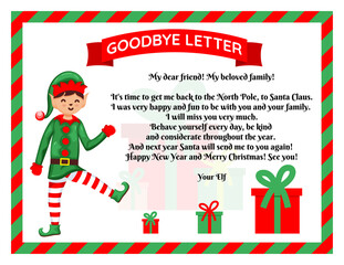 Christmas elf goodbye letter with christmas gift. Flat vector illustration.