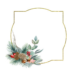 Elegant floral winter golden frame watercolor illustration. Hand drawn rustic seasonal Christmas decoration with natural elements: eucalyptus branch, acorn, pinecone, dogrose on white background