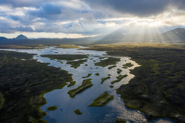 Aerial view of Brytalækir at Syðra-Fjallabak, Central Highlands of Iceland. The source of the water is near the Mýrdalsjökull glacier, in the lava partly beneath the sand.