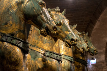 Roman quadriga, (four horses), on the roof of San Marco Cathedral in Venice, Venezia, Italy