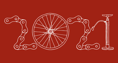 2021 Bicycle Happy New Year vector card illustration on red background