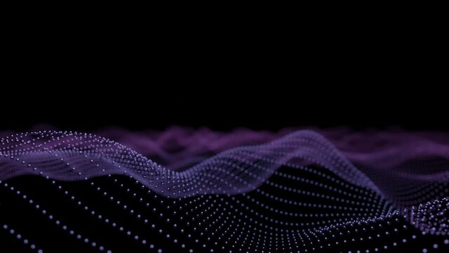 Futuristic grid wave smooth seamless animation. Blue purple color theme on dark background. Flow particles landscape. For cyber technology, sound visualization, big data