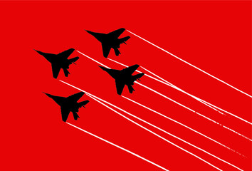 Mikoyan Mig-29 fighter aircrafts contrails. Vector silhouette
