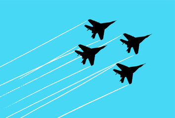 Mikoyan Mig-29 fighter aircrafts contrails. Vector silhouette - obrazy, fototapety, plakaty