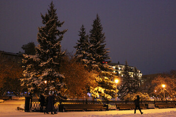 Fototapeta premium Snow snowy city, Winter, snowdrifts on the roads, snow-covered Christmas trees, buildings in the city