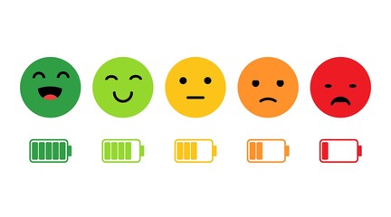 Rank, level of satisfaction rating. Face icons, Feedback in form of emotions. User experience. Review of consumer. Scale with colored segments. battery charge is high and low. Vector illustration