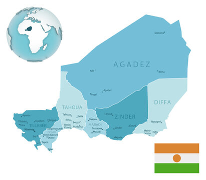 Niger administrative blue-green map with country flag and location on a globe.