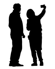 Tourists with smartphones in their hands take pictures of themselves. Isolated silhouettes on white background