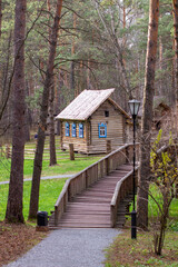 Wooden house with a manor house in the forest.house has painted Window