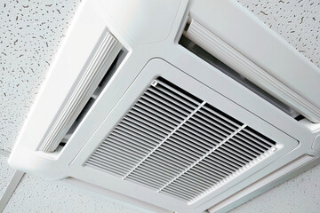 Indoor air conditioner view. Ventilation grill in the ceiling. Fresh clean air.