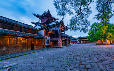 Night view of ancient stage in Shaxi Ancient Town, Jianchuan, Dali, Yunnan, China