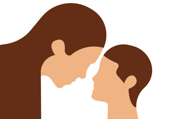 Caucasian mother and child face to face looking to each other. Simple shapes line art illustration.  Vector.