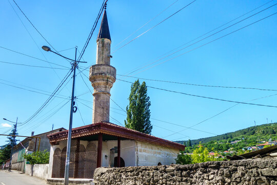 Tahtali-Jami mosque & its minaret in Bakhchysarai, Crimea. It's the oldest mosque in the city and can be seen from almost any point.