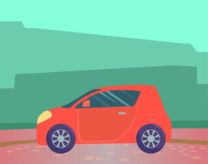 Fototapeta premium Small red microcar vehicle stand on ground in countryside. Automobile to drive and get your destination quickly. Green abstract background with silhouettes. Vector illustration in flat style