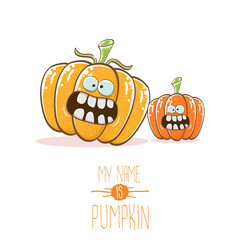 vector funny cartoon cute orange smiling friends pumkins isolated on white background. My name is pumkin vector concept illustration. vegetable funky halloween or thanksgiving day characters set
