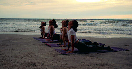 Professional group females yoga practice in class on mat stretching