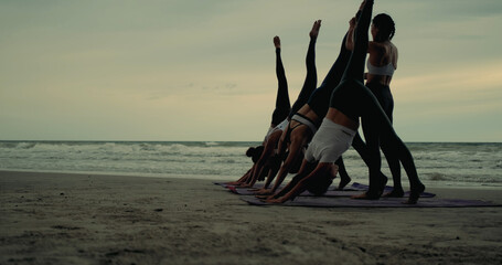 Professional group females yoga practice in class on mat stretching