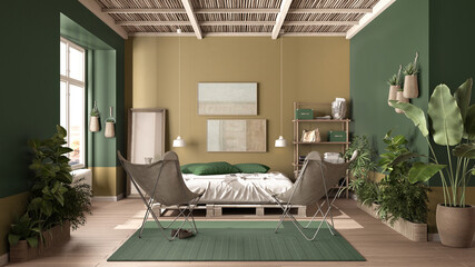 Country rustic bedroom, eco interior design in green tones, sustainable parquet floor, pallet bed with pillows, armchairs and potted plants. Natural recyclable architecture concept