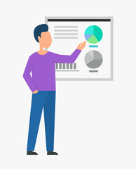Presenter man vector, person dealing with infocharts and infographics on board, pie diagram business analytics and stats. Flowchart ob screen info