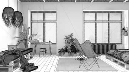 Unfinished project of country rustic bedroom with sofa, eco interior design, sustainable parquet, diy pallet bed, pillows, armchairs, plants. Natural recyclable architecture concept