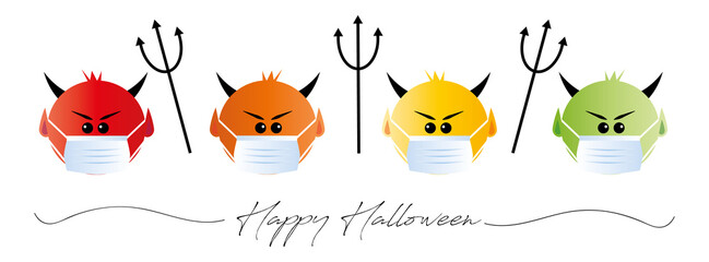 Naklejka premium cute corona halloween devils with face masks