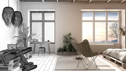 Architect interior designer concept: unfinished project that becomes real, country rustic bedroom, sofa, eco sustainable parquet, diy pallet bed, armchairs. Natural recyclable concept
