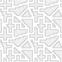 Seamless pattern. Figures, dots ornament. Folk wallpaper. Simple shapes, spots backdrop. Embroidery background. Tribal motif. Ethnic mosaic. Digital paper, textile print, web design, abstract vector.