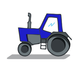 Blue tractor, farming, harvesting equipment. Children's sketch.