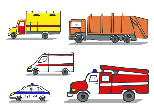 A set of pictures of special cars. Ambulance, Police, Fire, Garbage, Emergency Service.