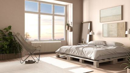 Country rustic bedroom, eco interior design in beige tones, sustainable parquet floor, diy pallet bed with pillows, armchair and potted plants. Natural recyclable architecture concept