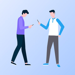 Men characters using phone, male communication with wireless device, people full length view of going with smartphone, tapping message, online vector