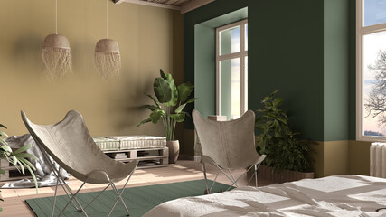 Country rustic bedroom with sofa, eco interior design in green tones, sustainable parquet, diy pallet sofa, bed, armchairs and potted plants. Natural recyclable architecture concept