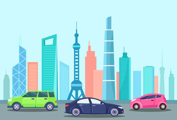 Automobile at streets of city vector, highway and cars on road. Cityscape of megapolis, downtown automobiles riding in two directions. Hot rod and modern minicar illustration in flat style design