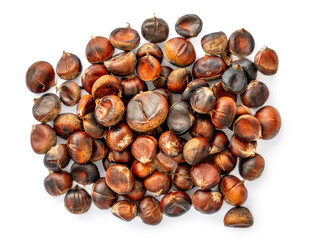 Chestnuts  isolated on white background. Healthy nuts closeup. Top view. .