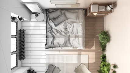 Architect interior designer concept: unfinished project that becomes real, country rustic bedroom, eco interior design, parquet. Top view, plan, above. Natural recyclable concept