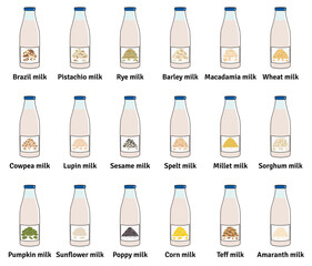 Set of bottles with plant-based milk. Vegan milk