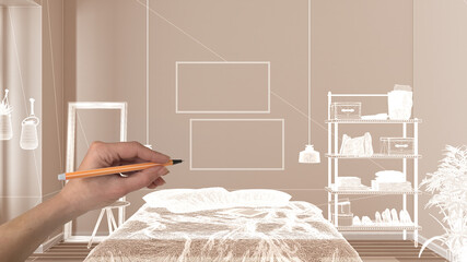 Hands holding pen and drawing on empty modern interior with white walls and parquet, CAD sketch, white ink custom architecture design project. Bedroom with bed, pillows and lamps