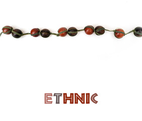 Mockup of poster: Ethnic wooden beads isolated on white background