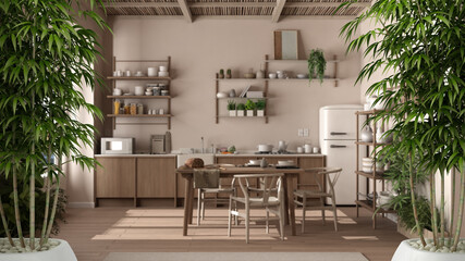 Zen interior with potted bamboo plant, natural interior design concept, modern rustic wooden kitchen, eco sustainable parquet floor, dining table with chairs, interior design idea