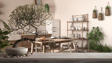 Vintage wooden table shelf with pebble and potted bloom bonsai, white flowers, over rustic country kitchen, modern interior design, dining table, zen clean architecture concept idea