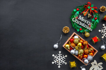 christmas and happy new year background with festive decoration and copy space. top view. flat lay